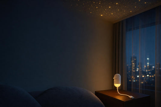 ORYVU Luz de Calma proyectando un cielo estrellado en un dormitorio